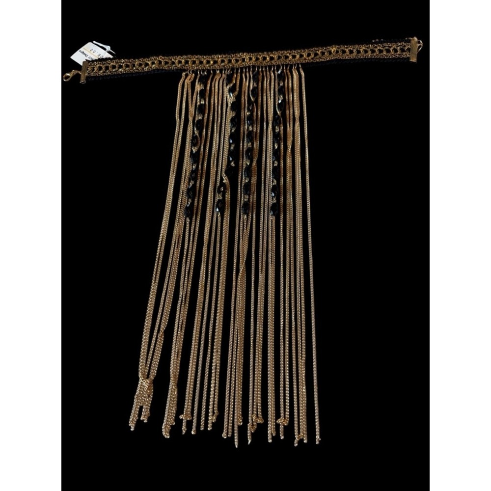 Gold Fringe Chain Necklace with Black Bead Accents